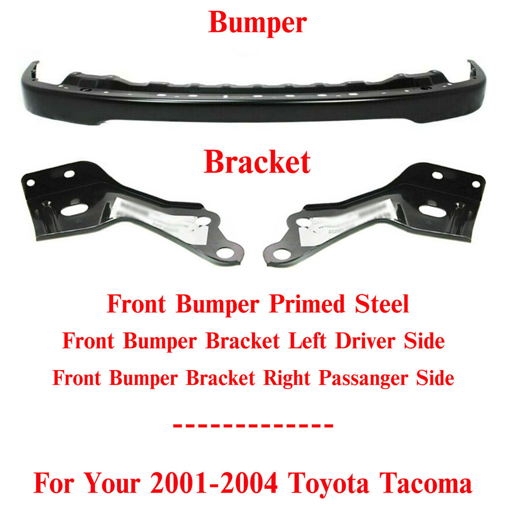 Front Bumper Primed Steel + Bracket LH & RH Side For 2001-2004 Toyota Tacoma