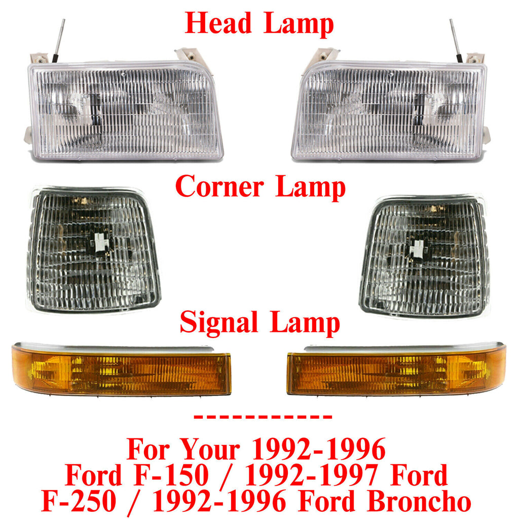 Front Headlights Pair Fits For 92-96 Ford F150/92-97 F250/92-1996 Bronco 6-Piece