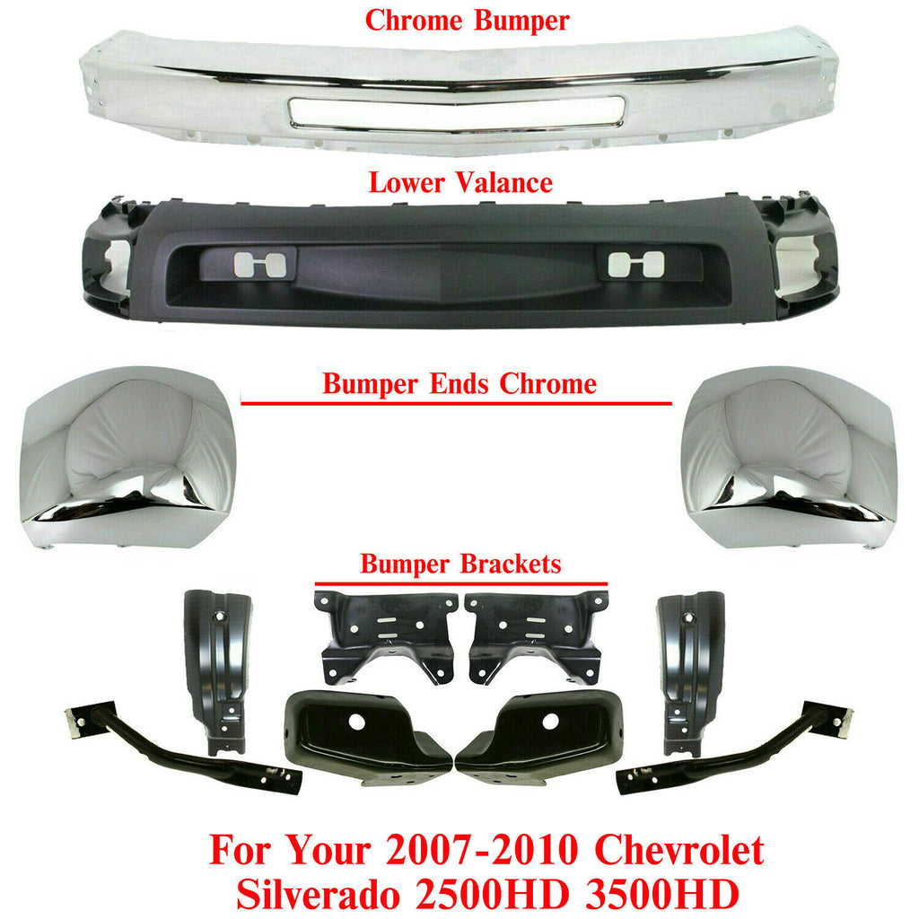 Front Bumper Chrome + End + Valance Bracket For 2007-10 Silverado 2500HD 3500HD