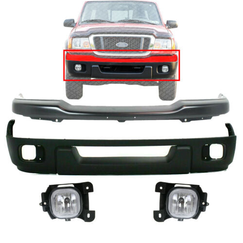 Front Bumper Primed + Valance Textured + Fog Lights For 2004-2005 Ford Ranger