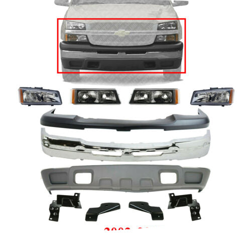 Front Bumper Kit Chrome & Headlamps + Signal Lamps For 2003-2006 Chevy Silverado