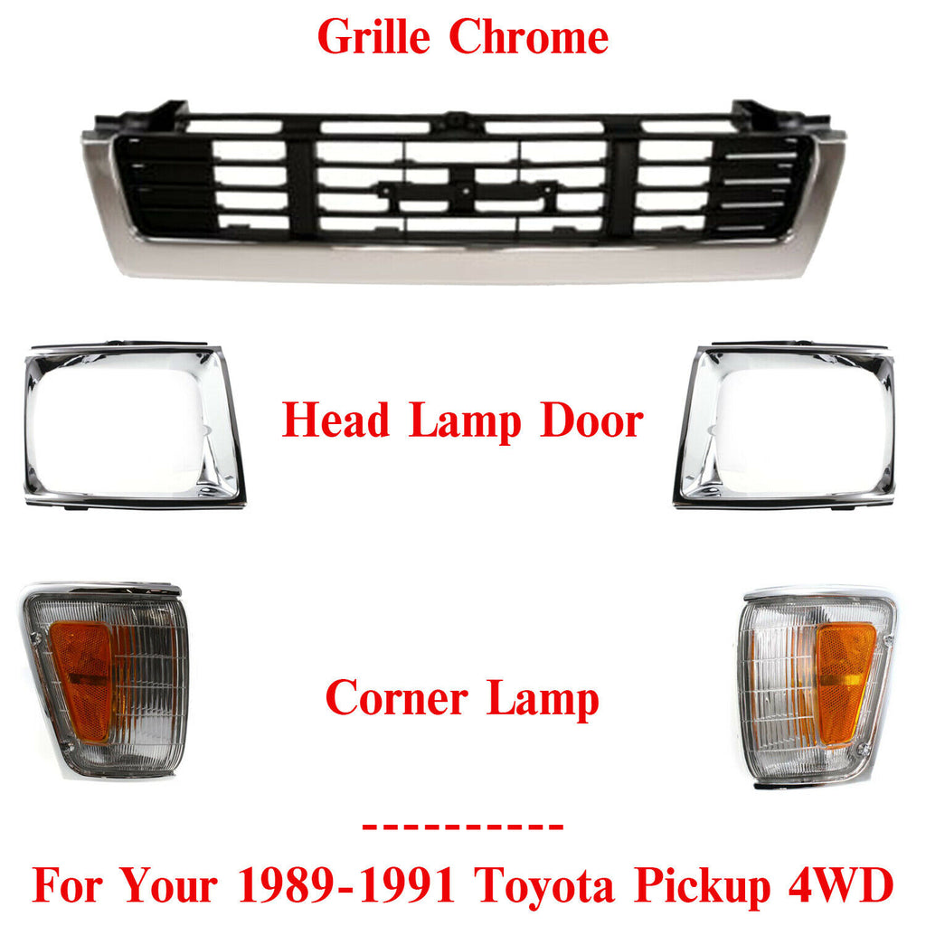 Front Grille + Head Lamps Door + Corner Lamp LH & RH For 89-91 Toyota Pickup 4WD