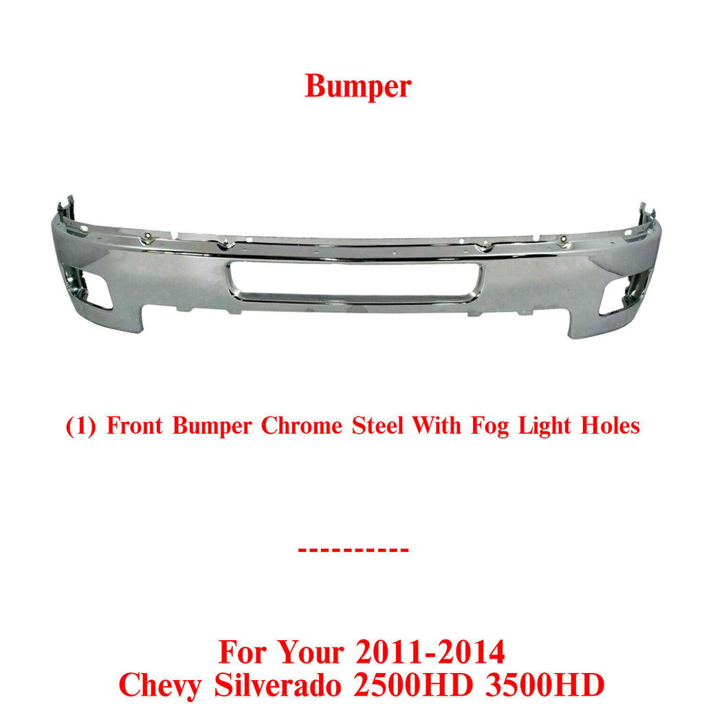 Front Bumper Chrome Impact Bar with Fog Light Hole For 2011-2014 Chevy Silverado