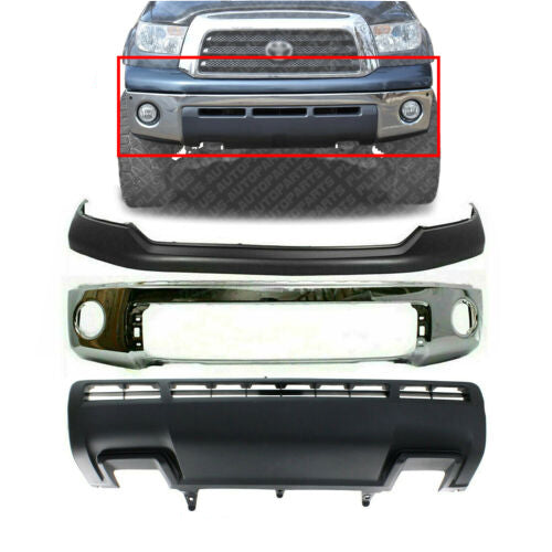 Front Bumper Chrome + Upper Cover + Lower Valance For 2010-2013 Toyota Tundra