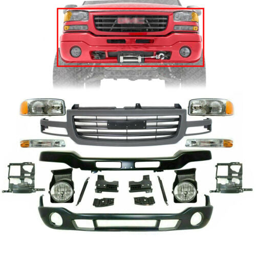 Front Bumper Primed w/ Brackets Kit + Grille+ Fog For 03-06 GMC Sierra 1500 2500