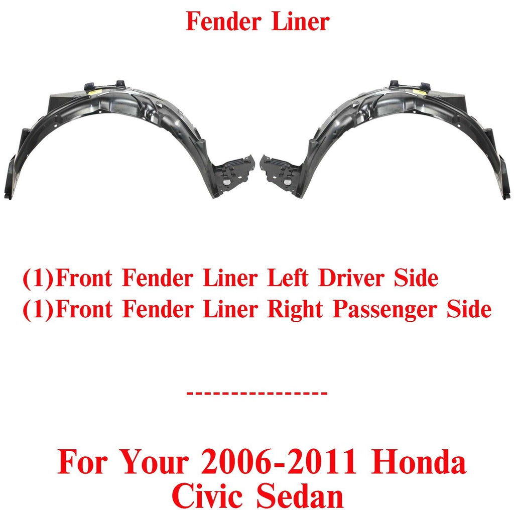 Set of Front Splash Shield Fender Liner LH & RH For 2006 - 2011 Honda Civic Sedan - US AUTO PARTS PLUS